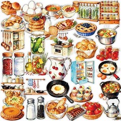 56 pcs Kitchen Food Cooking Clear PET Stickers, Vintage Bakery