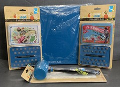 Lot of Melody Ross Chip Art Leather Metal Alphabet Stamps, Block, and Mallot
