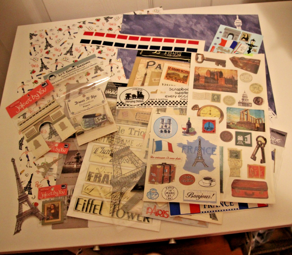 Lot of Paris/France Scrapbook Paper and Stickers. Over 100 items.