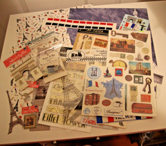 Lot of Paris/France Scrapbook Paper and Stickers. Over 100 items.