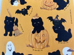 Vintage Hallmark Stickers Halloween Fuzzy Black Cats Ghost Pumpkin Bat 1 Sheet