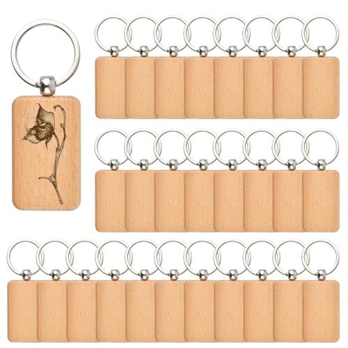 30 Pcs Blank Wooden Key Chain Wood Engraving for DIY Gifts Crafts Key Tags