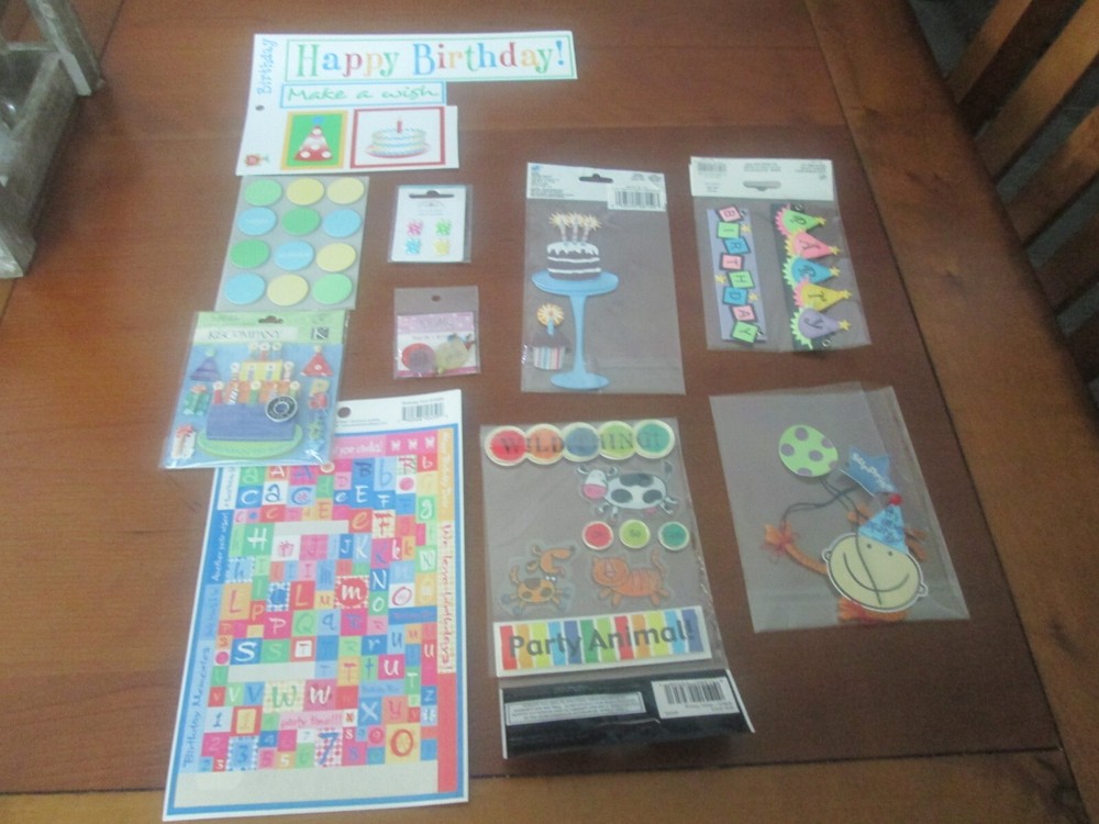 SCRAPBOOK – BIRTHDAY- STICKERS/BRADS – LOT OF 10 – NEW