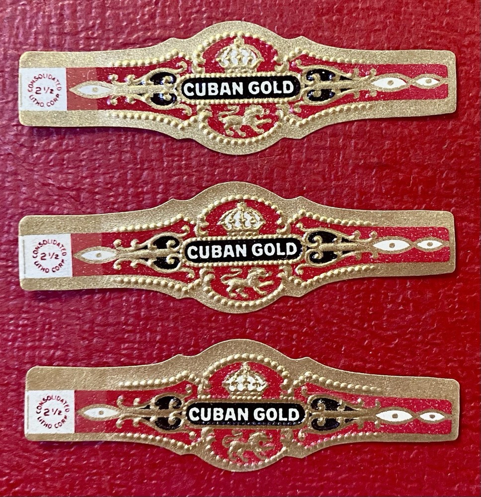 3pc 1920s Cuban Gold Cigar Bands – MINT New Old Stock – Unused Gold Gilt Set