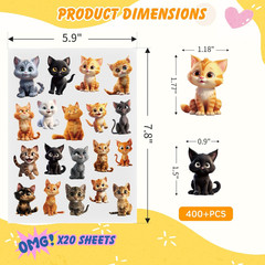 405 PCS Cute Cat Sticker, 20 Sheets Scrapbook Stickers, Kawaii Stickers for Scra