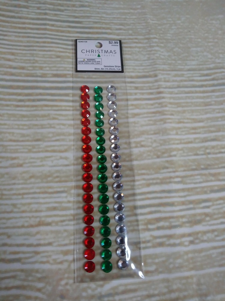 New! 3 Gemstone 6″ Strips Christmas Gems Stickers Red Silver Green 8mm Crafts