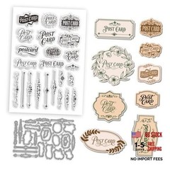 Vintage Words Clear Stamp and Die Cut Set for DIY Card Making 4.3 x 6.3 Inches