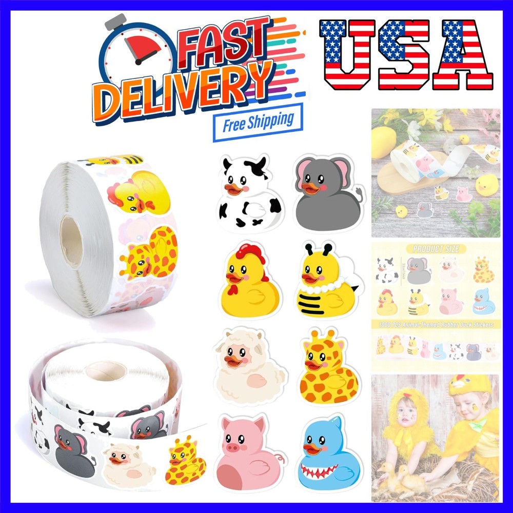 1000 Pcs Animal Rubber Duck Roll Stickers Self-Adhesive Funny Safari Zoo Anim…