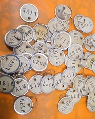 (10) METAL RIM TAGS 1.25″ COFFEE DYED & STAMPED FOR SCRAPBOOK/JUNK /ART JOURNAL