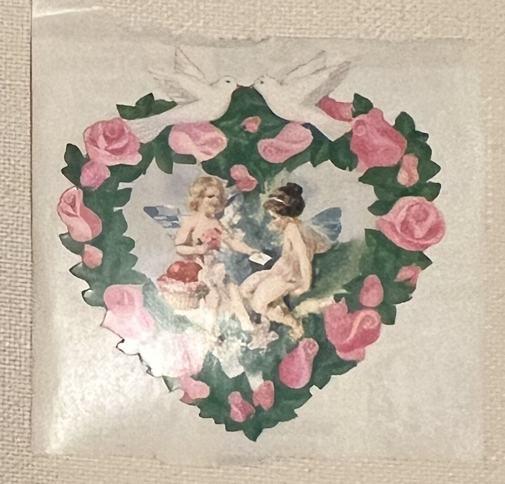 3-Vintage Sandylion Rose Heart Sticker With Cherubs – 2-1/2″ Square