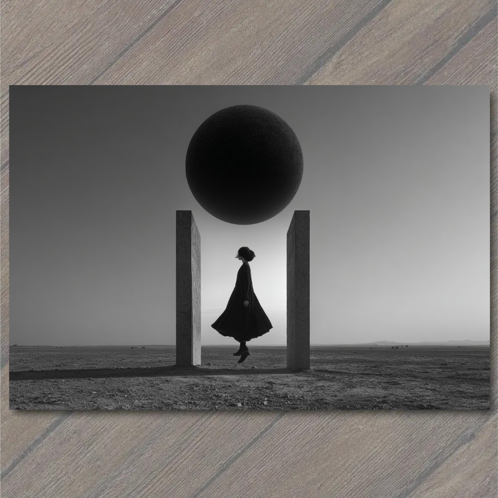 STICKER Floating Woman Shadow Portal Sphere Minimalist Surreal Desert Sky