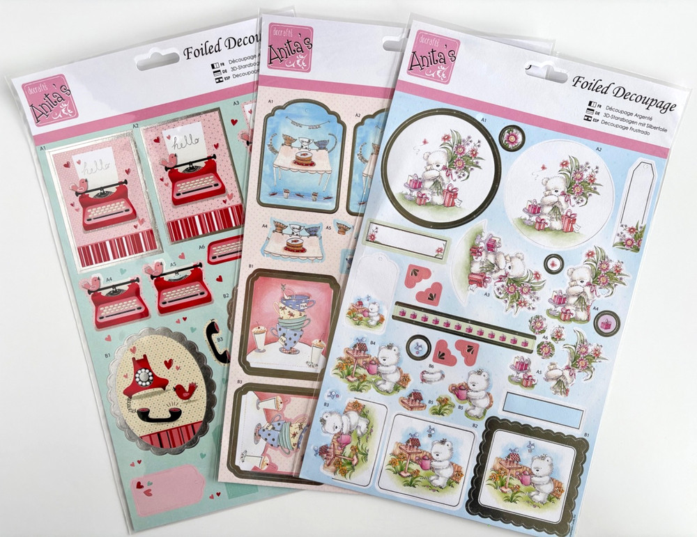 Anita’s Foiled Decoupage Happy Birthday Tea Party Hello Craft Cardmaking 3pc Lot