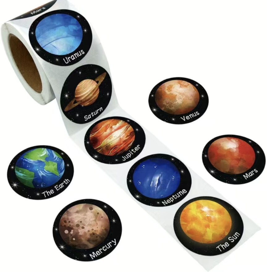 500 pcs Sticker Roll 1 Inch Outer Space Planets Earth, Sun, Round Self Adhesive
