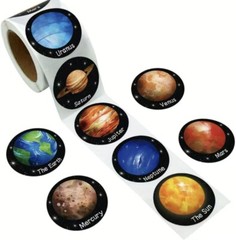 500 pcs Sticker Roll 1 Inch Outer Space Planets Earth, Sun, Round Self Adhesive