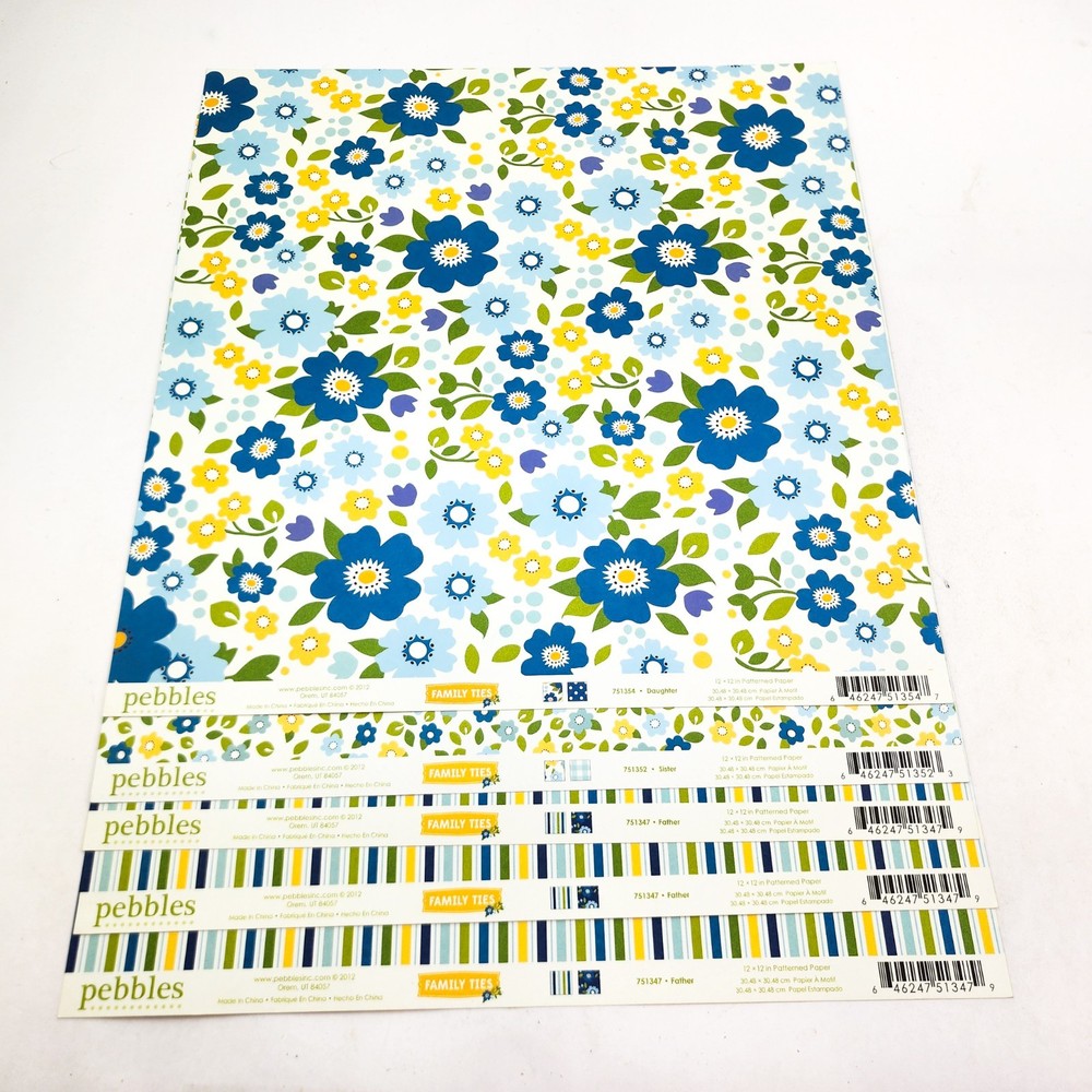 Pebbles Scrapbook Paper Lot 12×12 Family Ties 5 Sheets 2012 Double Sided