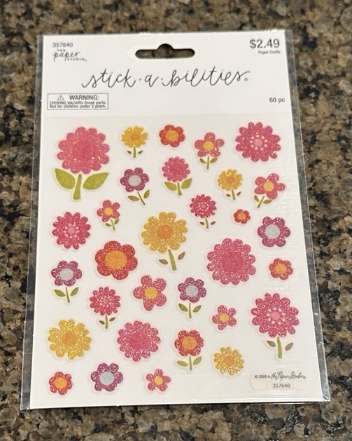 The Paper Studio Stick A Bilities PINK & YELLOW GLITTER FLOWER Stickers 60 pcs