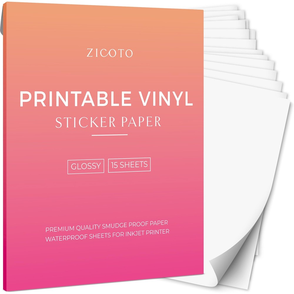 ZICOTO Premium Printable Vinyl Sticker Paper – Glossy White 8.5 x 11 inch…