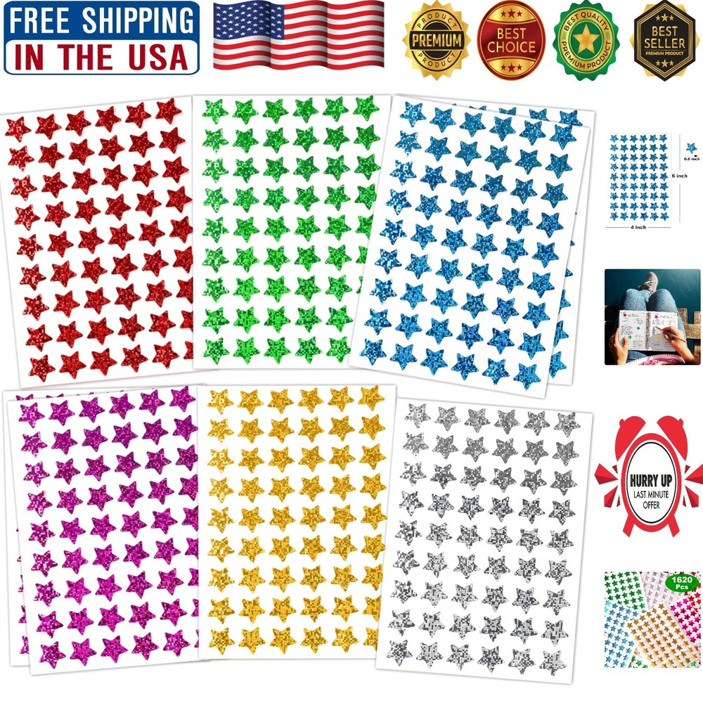 Brilliant 6-Color Holographic Star Stickers – 1620 Count for Classroom & Rewards