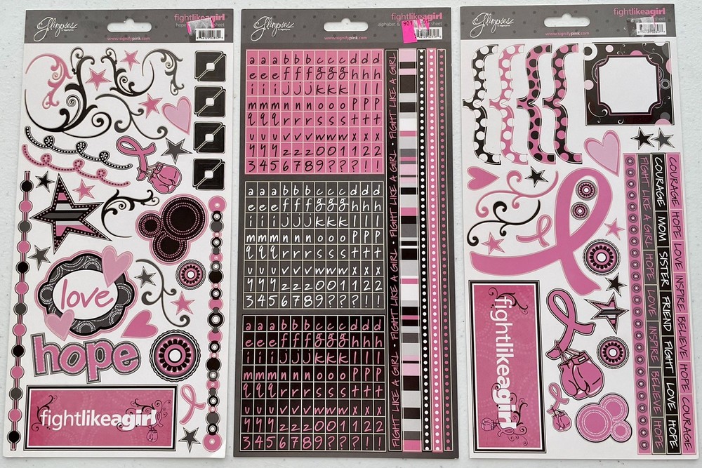 LOT of 3 BREAST CANCER Scrapbooking Stickers / FIGHT LIKE A GIRL / COURAGE/ HOPE