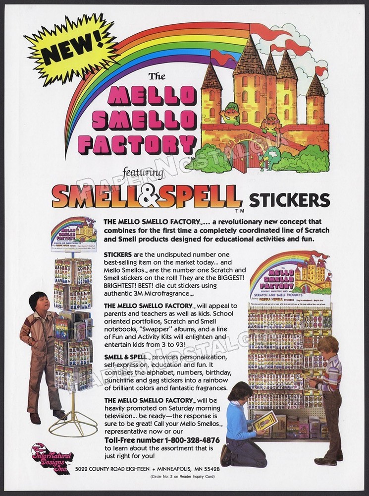 MELLO SMELLO FACTORY Stickers – Original 1984 Trade AD/ ADVERT_ Scratch N’ Sniff