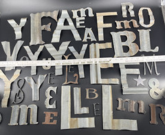 Huge Lot 40 Tin Aluminum Metal Letters Symbols Assortment Craft Rustic Brutalist