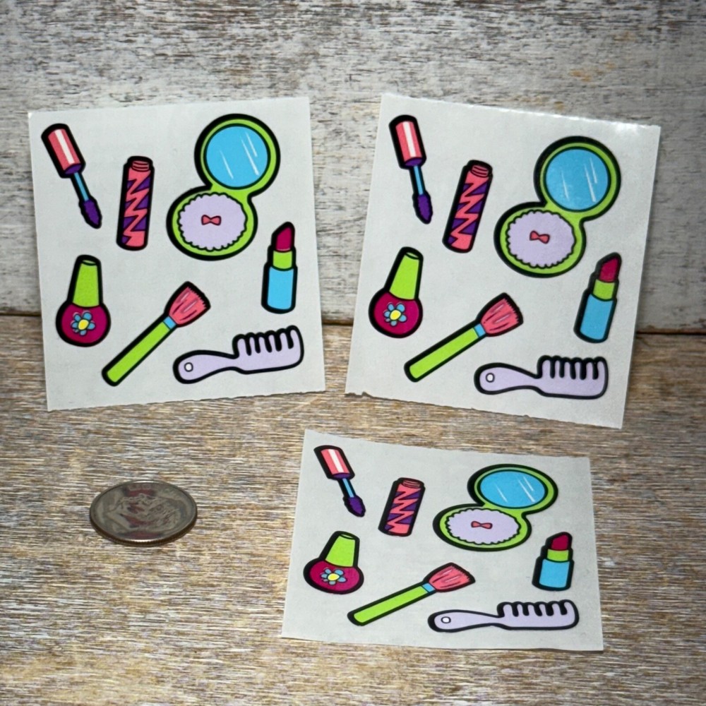 Lot of 3 VTG Sandylion Stickers Pods Assorted BEAUTY, LIPSTICK, COMB 21 Cts New