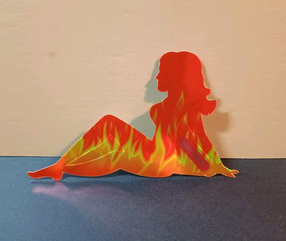 Vintage Stickers MUD FLAP GIRL Glossy Foil Vending Sticker VTG PVI Flames 01