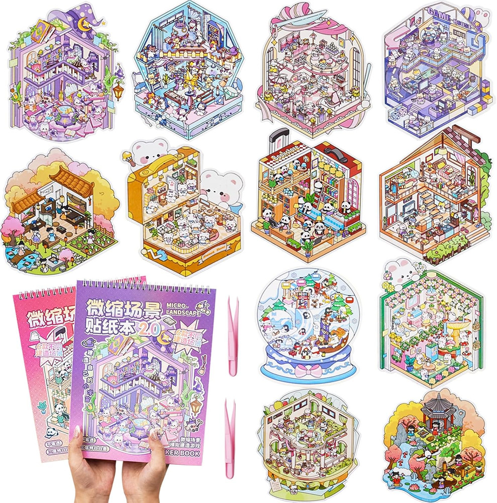 2 Big Size DIY 3D House Stickers Books with 12 Miniature Scene Therapy Stickers