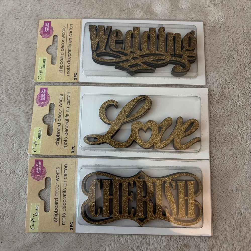 Lot Of 3 Packs Glitter Gold Wedding Theme Words: Wedding Love Cherish Chipboard