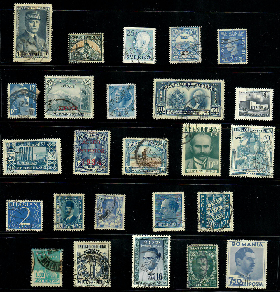 25 Blue Teal Slate Worldwide Used Stamps Color Lot — Crafts Art (WM255)