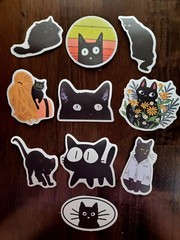 STICKERS x 10 Black Cats Kitten Cartoon Flower Daisy Cat Kitty Face FEBD4