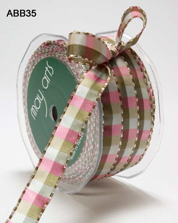 1/2 Inch Check Stitch Ribbon – May Arts ABB35 – Green/Pink – 5 yards