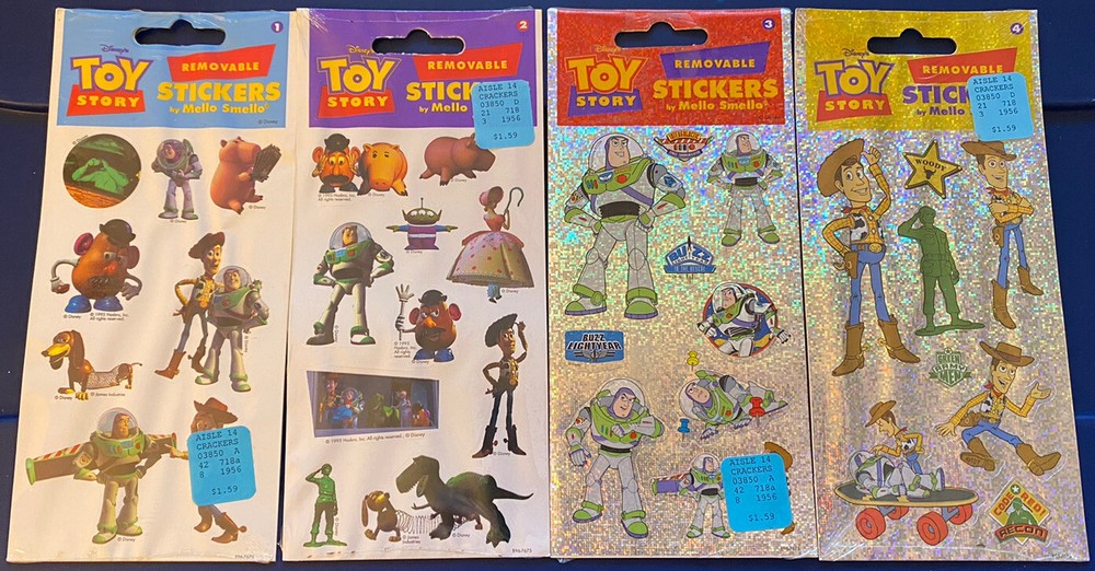 SET (4)New 1995 TOY STORY Removable Stickers Disney Pixar Mello Smello Prismatic