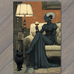 STICKER Ram Horn Woman Wine Glass Cat Floor Lamp Dark Victorian Living Room