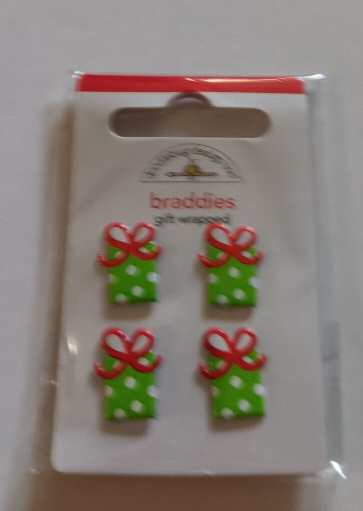 Doodlebug Brads Braddies Gift Wrapped Christmas Presents Green Red Bow X4 (DC)