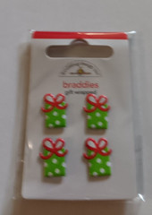Doodlebug Brads Braddies Gift Wrapped Christmas Presents Green Red Bow X4 (DC)