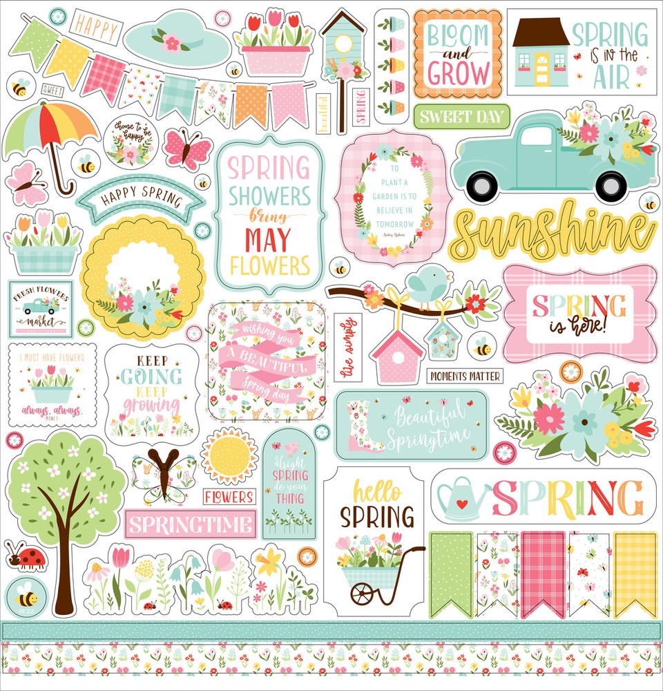 (1) 12×12 Sheet of Echo Park Paper WELCOME SPRING Scrapbook Element Stickers
