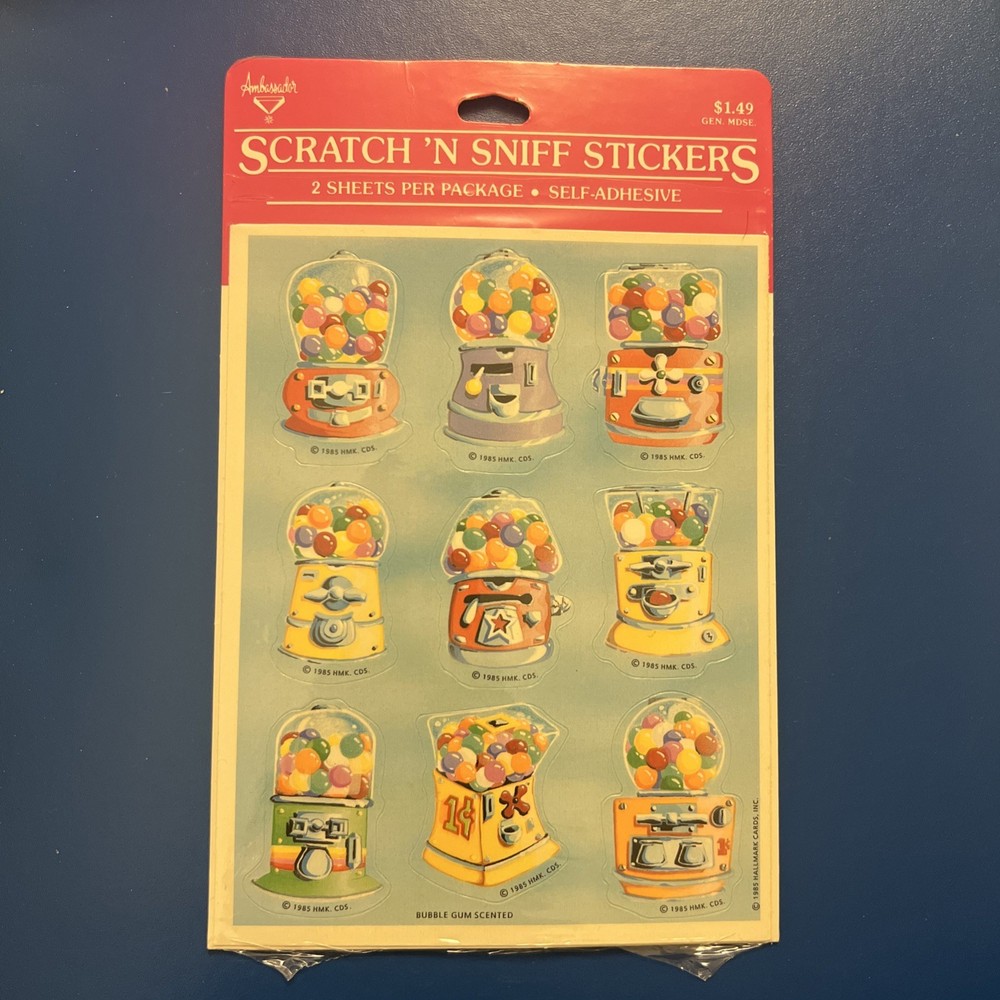 Vintage 80s Stickers Hallmark Scratch N Sniff Bubblegum Machine 1 Sheet