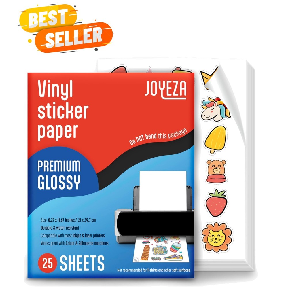 Printable Vinyl Sticker Paper for Inkjet Printer – 25 Sheets Glossy White Wat…