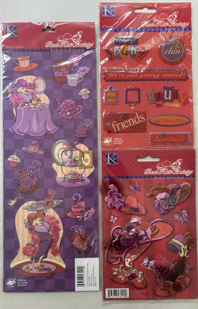 Lot Of 3 RARE K&Company Red Hat Society Sticker Lot Embossed Grand Adhesions NIP