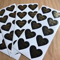 50 Heart Shaped Thank You Stickers On Glossy Black Paper With Gold Lettering