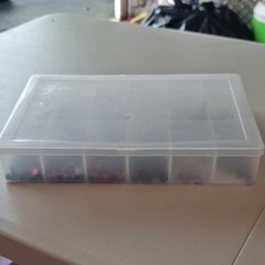 Scrapbooking Embellishments Lot Brads Eyelets in plastic storage box