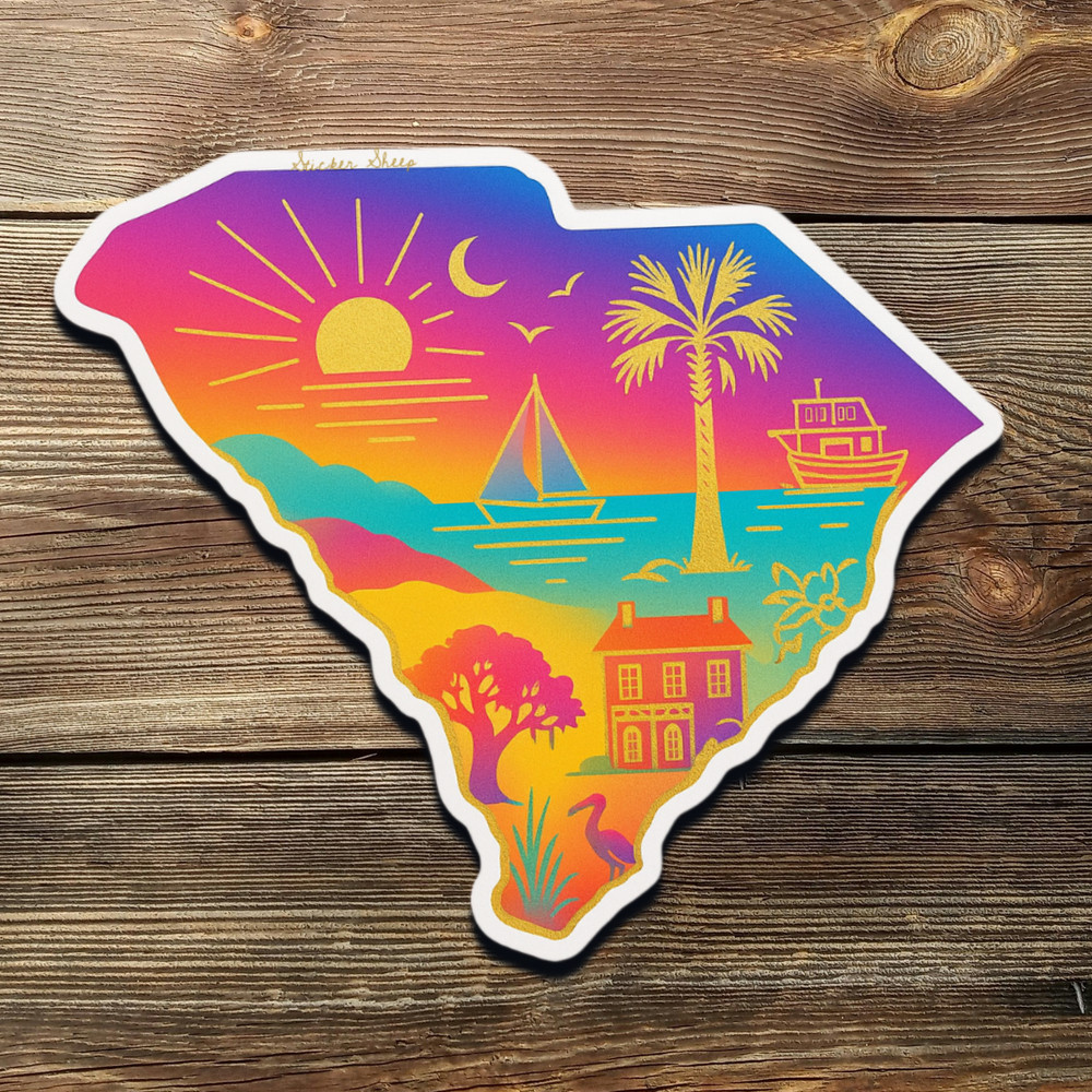 South Carolina Sticker – Gold Foil Sunset Art with Palmetto, Sailboat & Beach
