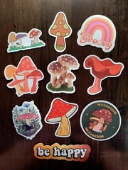 STICKERS x 10 Mushrooms Positive Reminder Be Happy Mushroom Groovy Sticker FEBF8