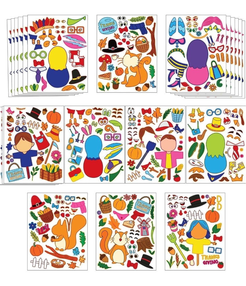 40 PCS Thanksgiving Sticker pages Make-a-face 10 Varieties