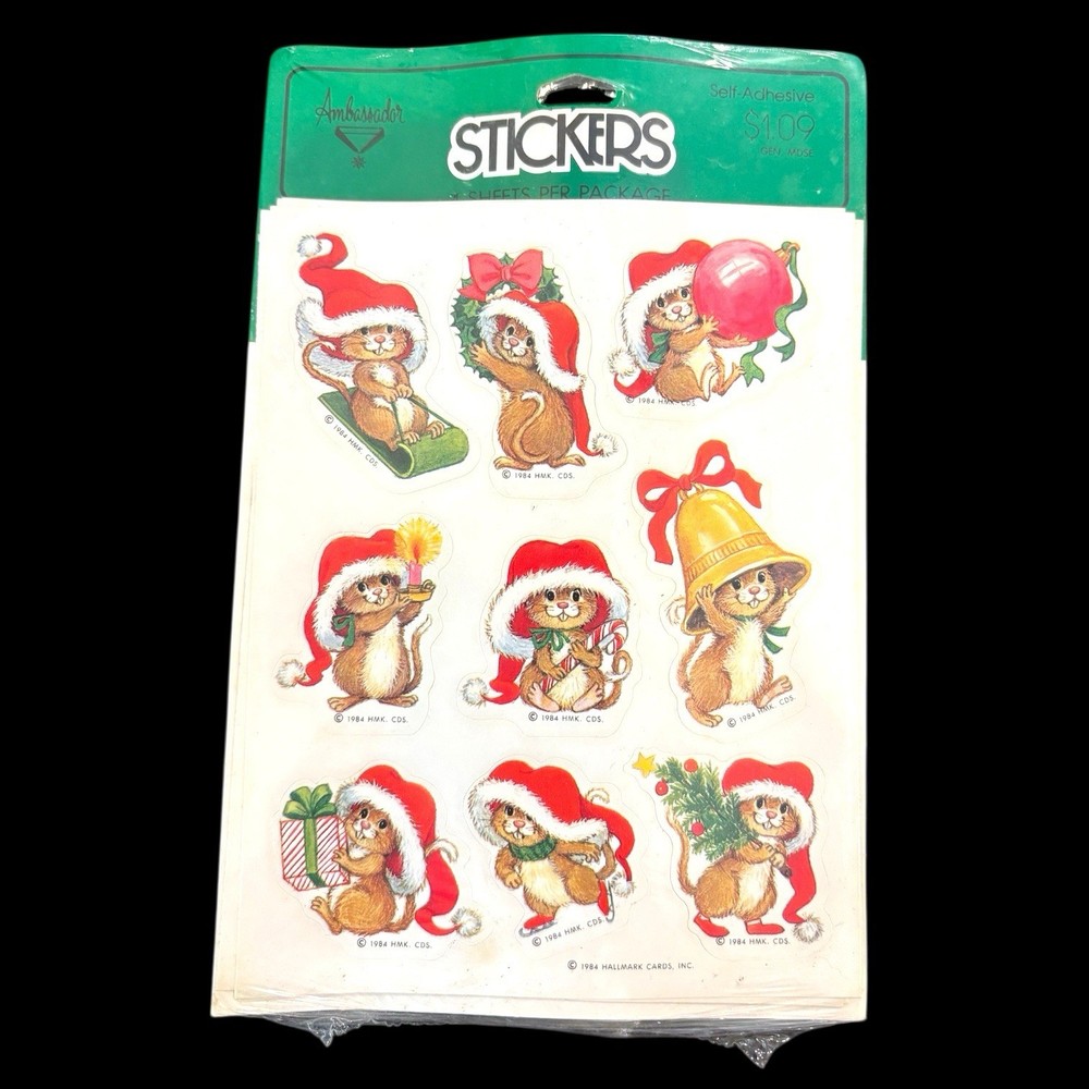 NEW Vintage 1984 Hallmark Ambassador Christmas MOUSE 4 Sheet Sticker Pack Sealed