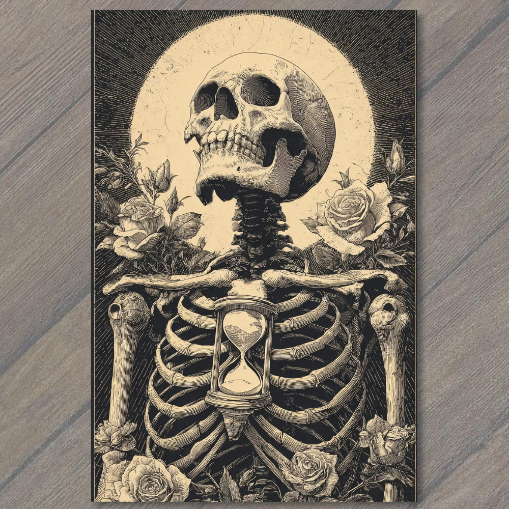 STICKER Skeleton Skull Hourglass Roses Gothic Black Cream Floral Halo Dark Mac
