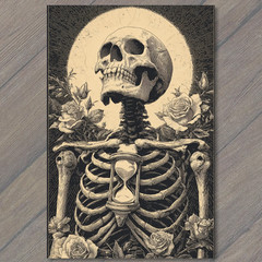 STICKER Skeleton Skull Hourglass Roses Gothic Black Cream Floral Halo Dark Mac