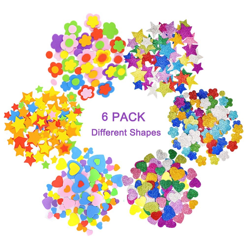 Glitter Foam Stickers Self Adhesive Craft Shapes Stars Hearts Flowers 6PCS
