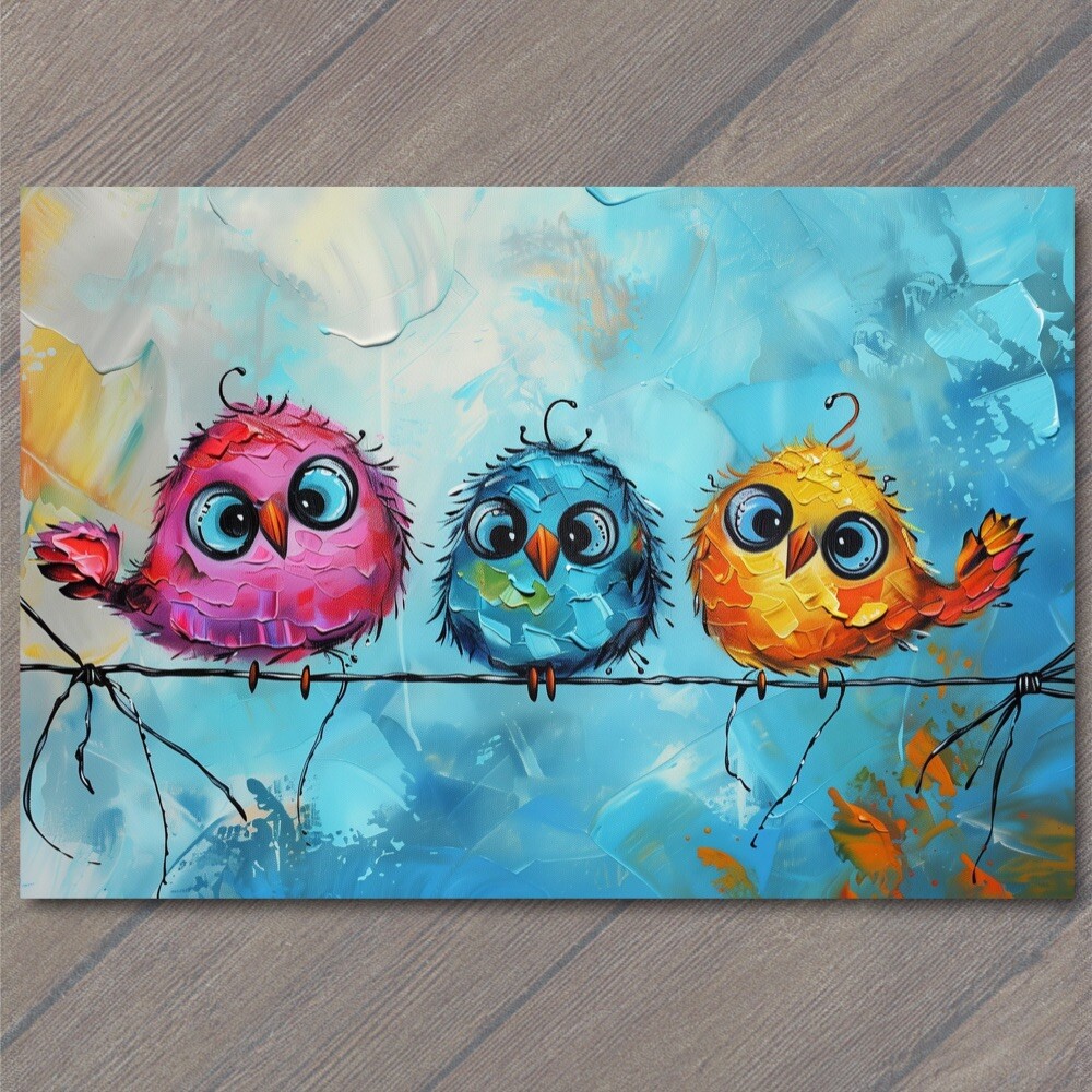 STICKER Birds On A Wire Cute Big Eyes Acrylic Painting Cartoon Style Colorful